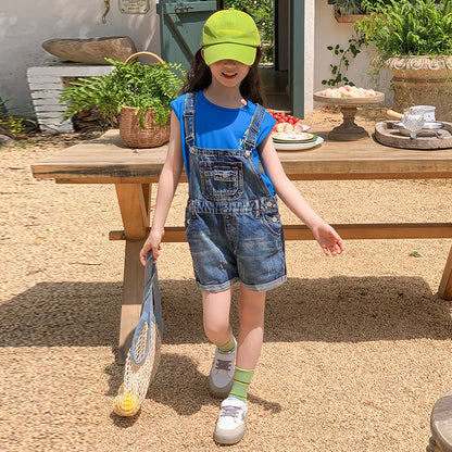 Girls' Korean Style Denim Suspenders Shorts + Printed Blue Tank Top Set