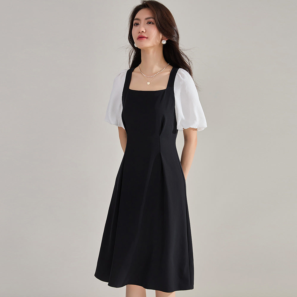 Elegance French Square Neck Puff Sleeve Black Dress