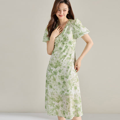 French Floral High-Waist Midi Dress