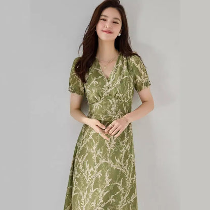 Elegant Avocado Green Floral V-Neck Midi Dress