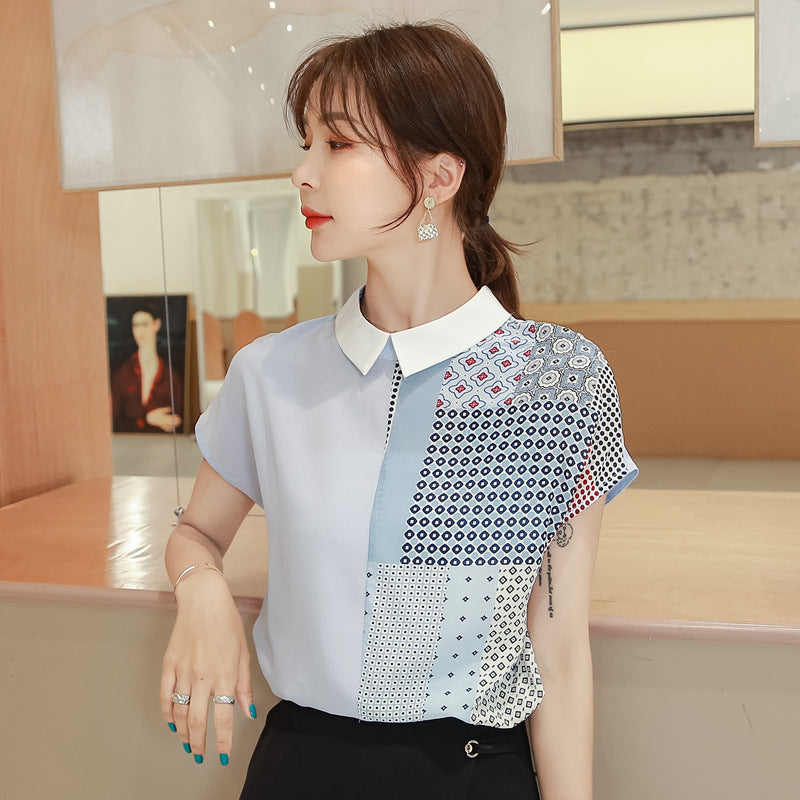 Women's Korean Style Loose Short Sleeve Doll Collar Contrast Color Chiffon Blouse