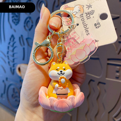 Buddha style Good Luck Lotus Lotus Series Wooden Fish Three Flower Cat Pig Pig Keychain Exquisite Resin Doll Keychain Ring