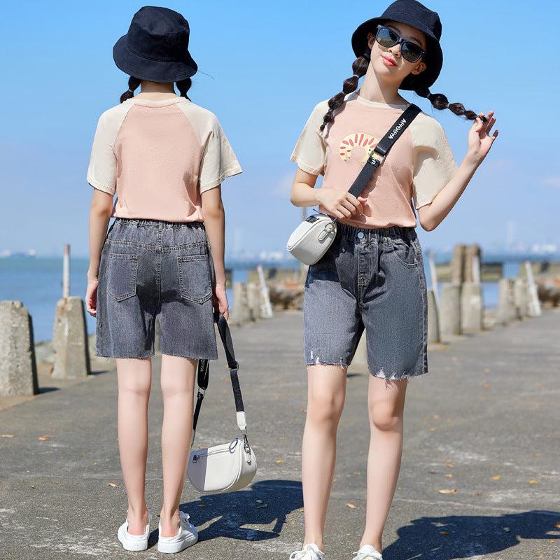 Girls' Casual T-shirt and Denim Shorts Two Pieces Set