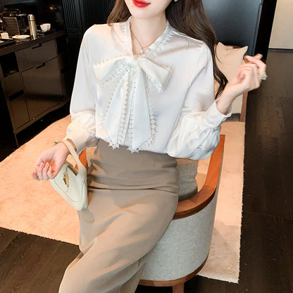 Women's Bowknot Chiffon Long Sleeve Lace Blouse