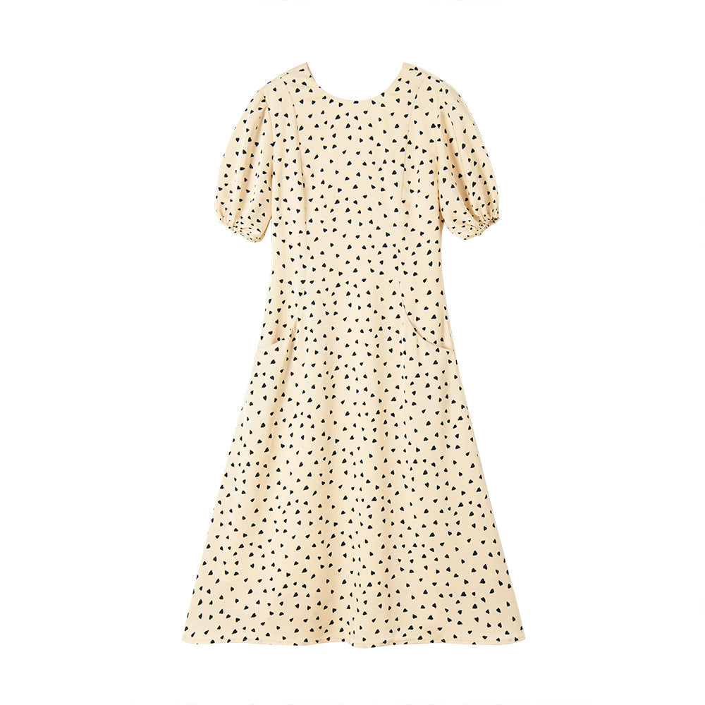 Elegant Heart Print French Lantern Sleeve Midi Dress