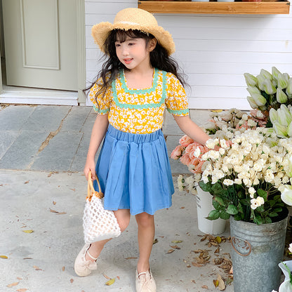 Girls' Korean Style Floral Blouse and Denim Skirt Two Pieces Set