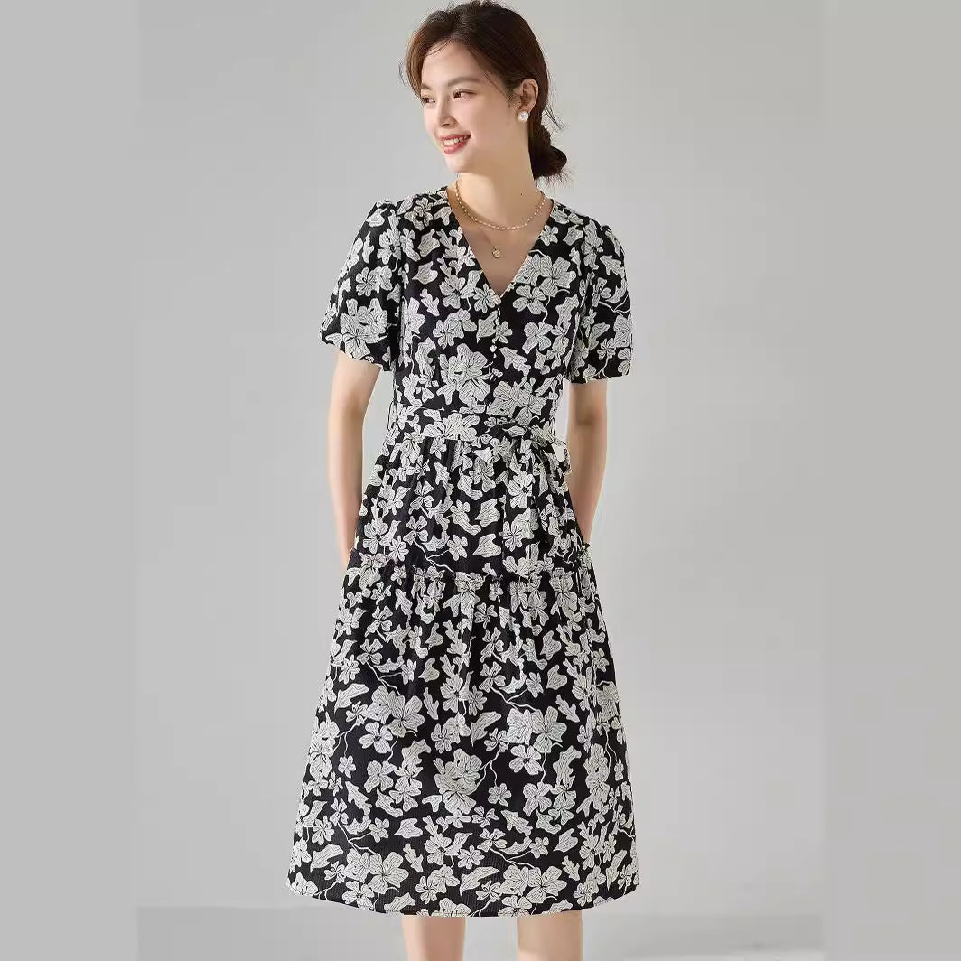 French Elegance Black & White Floral Dress