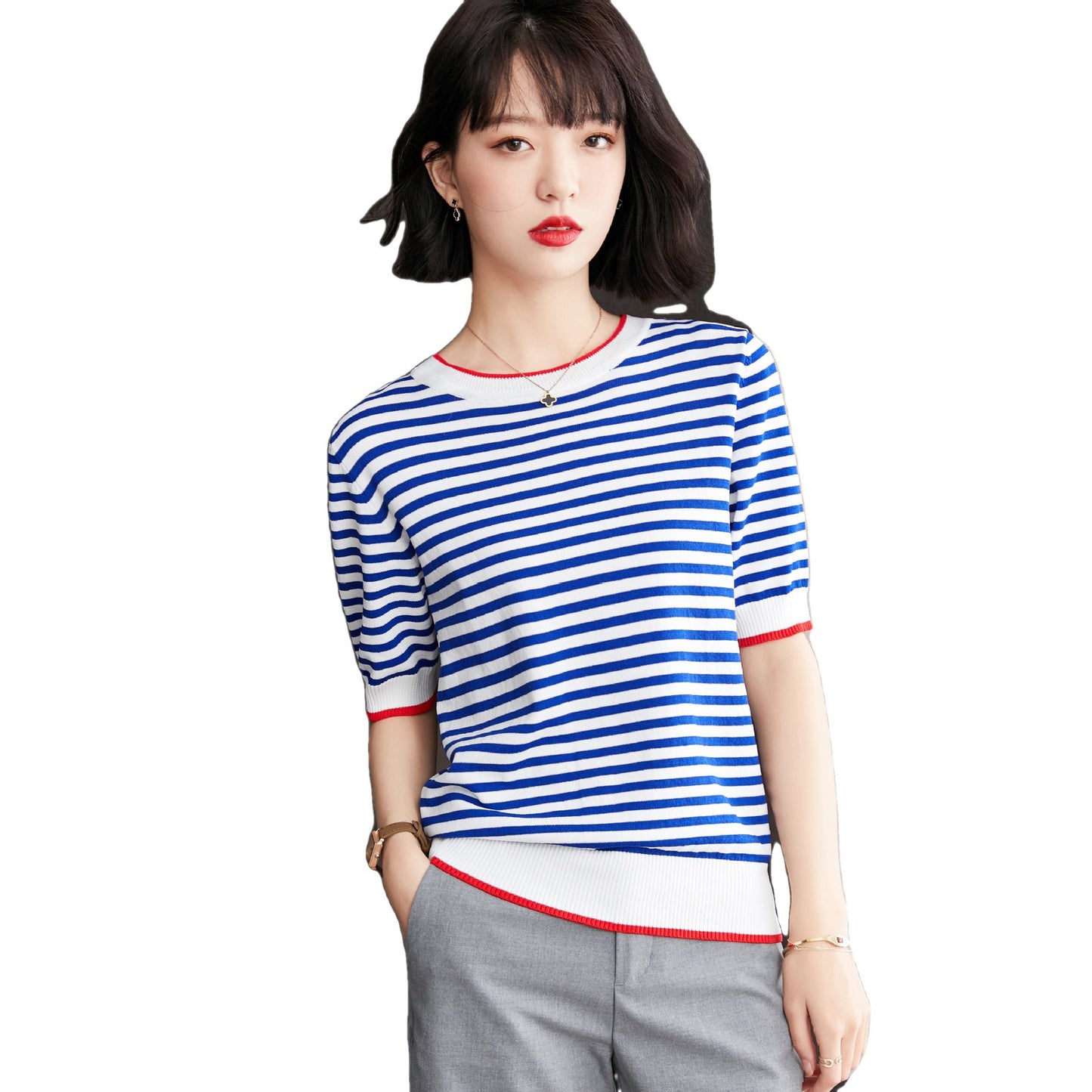 Women's Preppy Style Contrast Colors Short Sleeve Striped Knitted Top