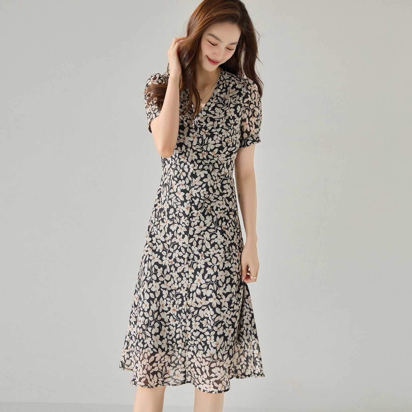 Chic French Floral Puff Sleeve Dress