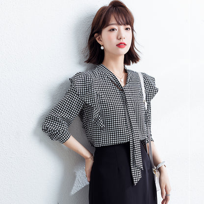 Women's Houndstooth Chiffon Bow Tie Long Sleeve Blouse