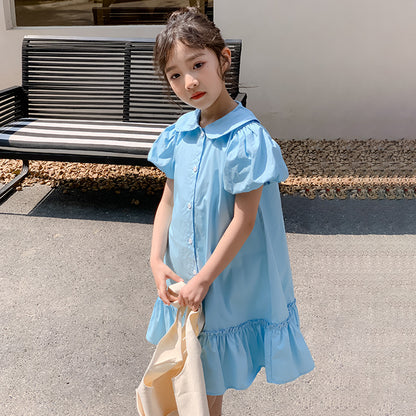 Girls' Korean Style Flounce Hem Shirt Dress