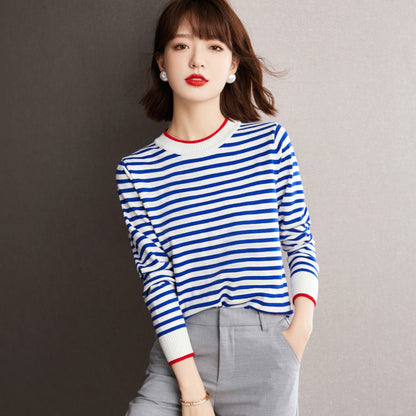 Chic Women's Long Sleeve Striped Knitted T-Shirt