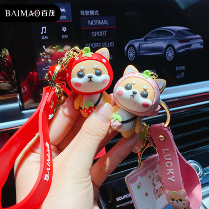 Cartoon Strawberry Shiba Inu Doll Keychain Female Cute Creative Little Money Shiba Keychain Bag Pendant