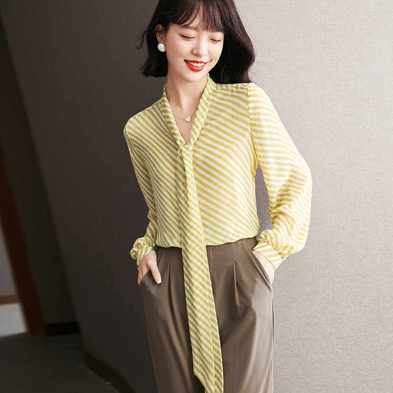 Women's French Style Bow Polka Dot Long Sleeves Chiffon Blouse