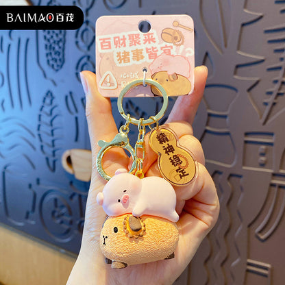 Buddha style pig keychain pendant creative merit+1 resin figurine exquisite backpack decoration for women and men