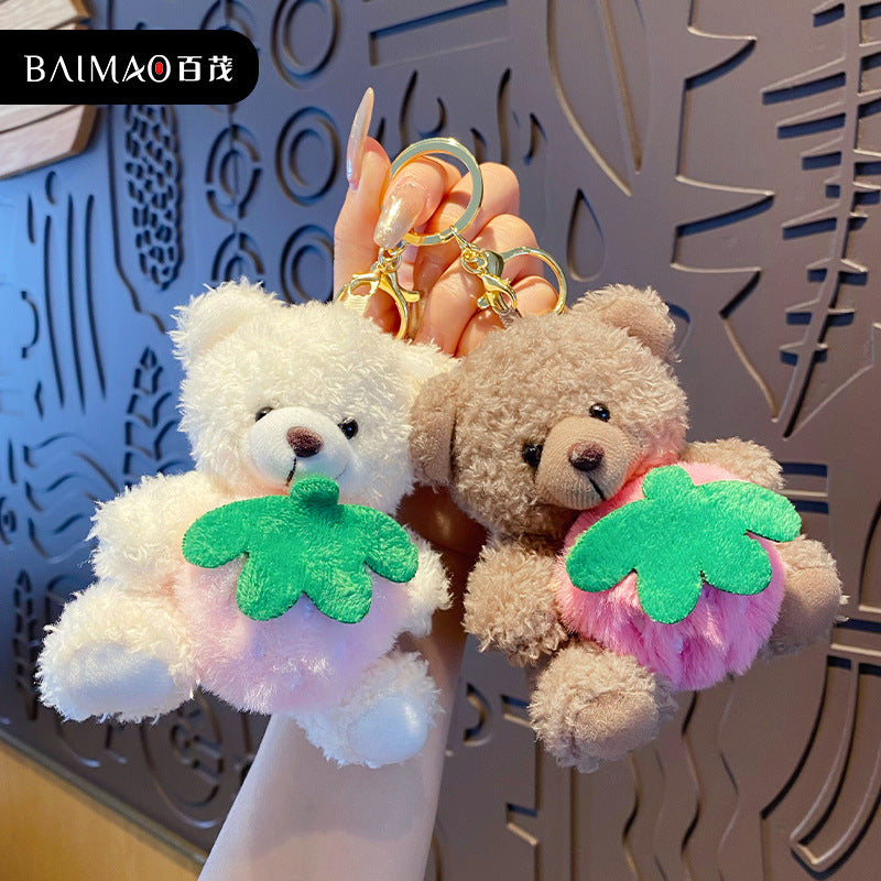 Cartoon Strawberry Rice Fruit Bear Plush Doll Keychain Female Cute Soft Cute Bear Doll Keychain Bag Pendant