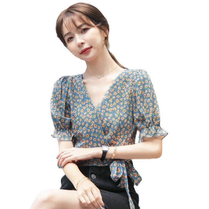 Women's French Retro Floral Short Sleeve V-Neck Chiffon Blouse