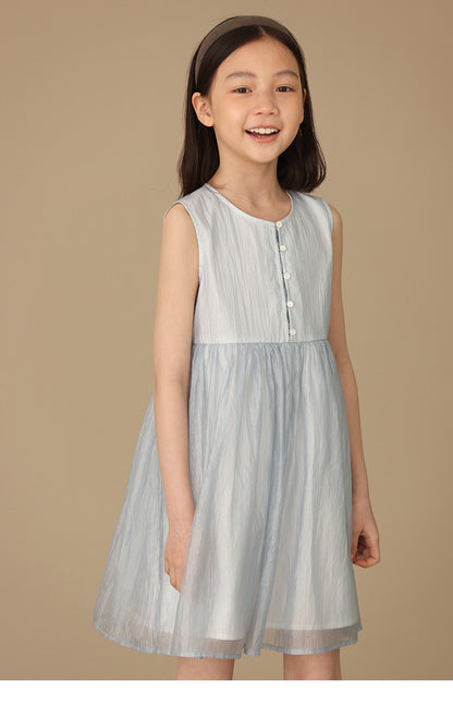 Korean Style Blue Cloud Wrinkle Mesh Girls' Princess Dress