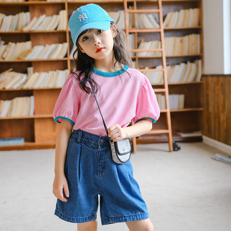 Girls' Casual T-shirt and Denim Shorts Two Pieces Set
