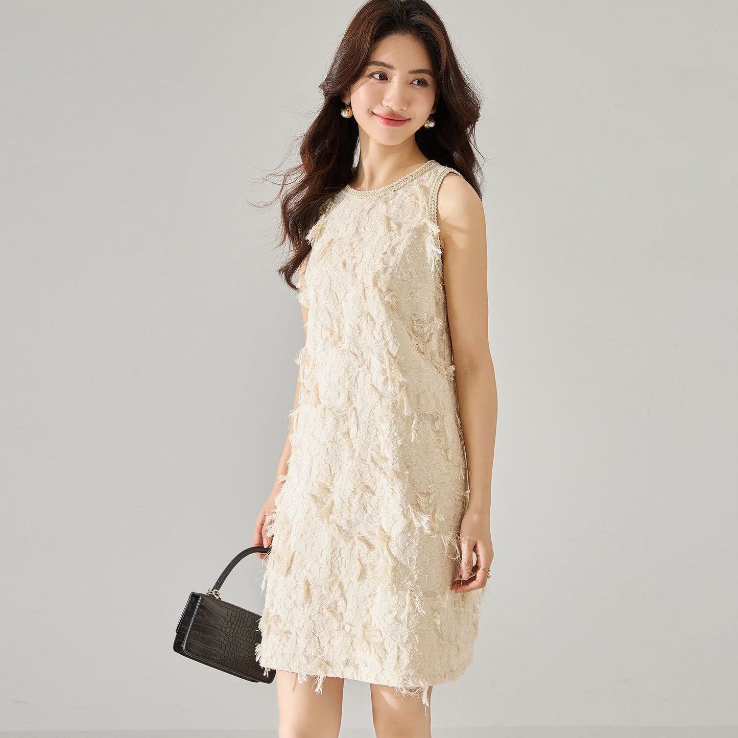 Luxe Textured Soft Glam Fringe Jacquard Dress