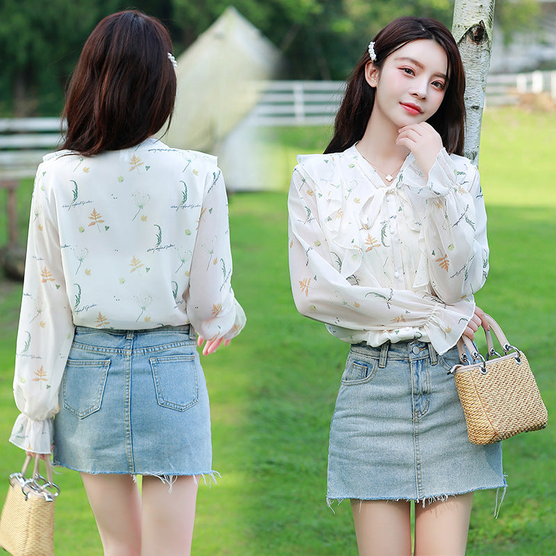 Elegant Women's Korean Style Bowknot Floral Long Sleeve Chiffon Blouse