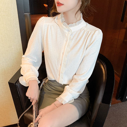 Women's French Style Stand Collar Long Sleeve Chiffon Blouse