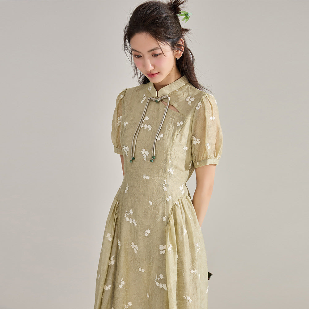 Elegant Tencel Embroidery Floral Qipao Dress