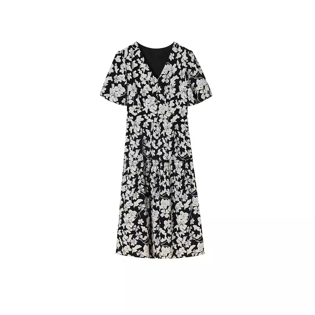 French Elegance Black & White Floral Dress