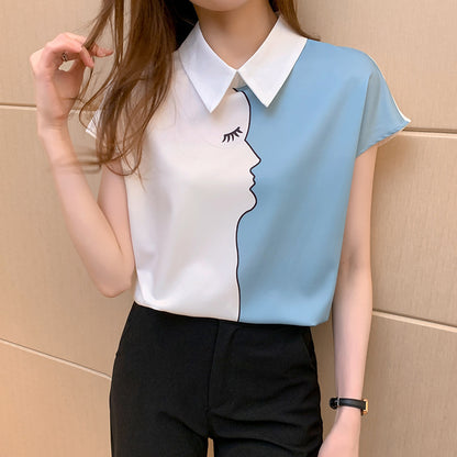 Women's Loose Short Sleeve Printed Chiffon Blouse