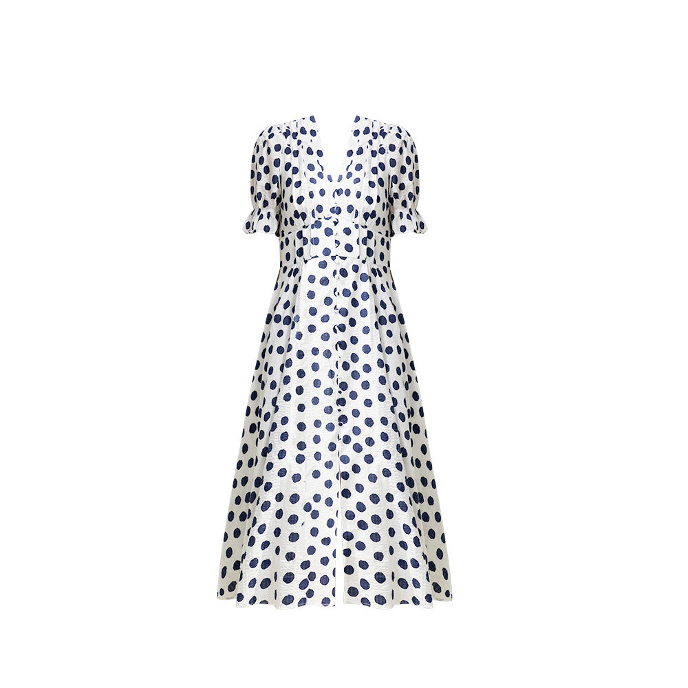 Chic French Polka Dot Jacquard Midi Dress