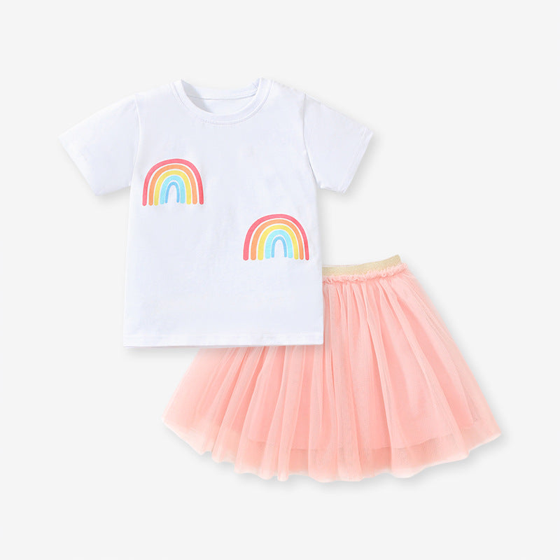 Cute Rainbow Short Sleeve Mesh Skirt Two-piece Set