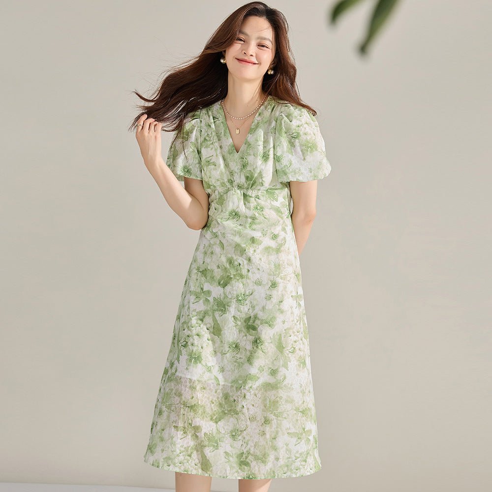 French Floral High-Waist Midi Dress