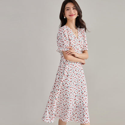 French Cherry Floral Chiffon Dress