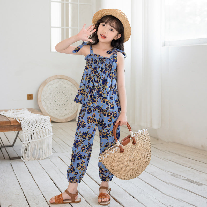 Girls' Floral Sleeveless Top and Jogger Pants Two Pieces Set
