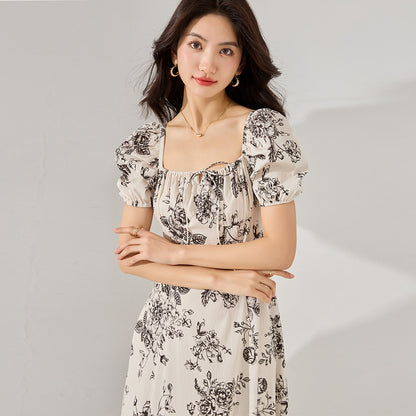 Retro Puff Sleeve Drawstring Floral Midi Dress