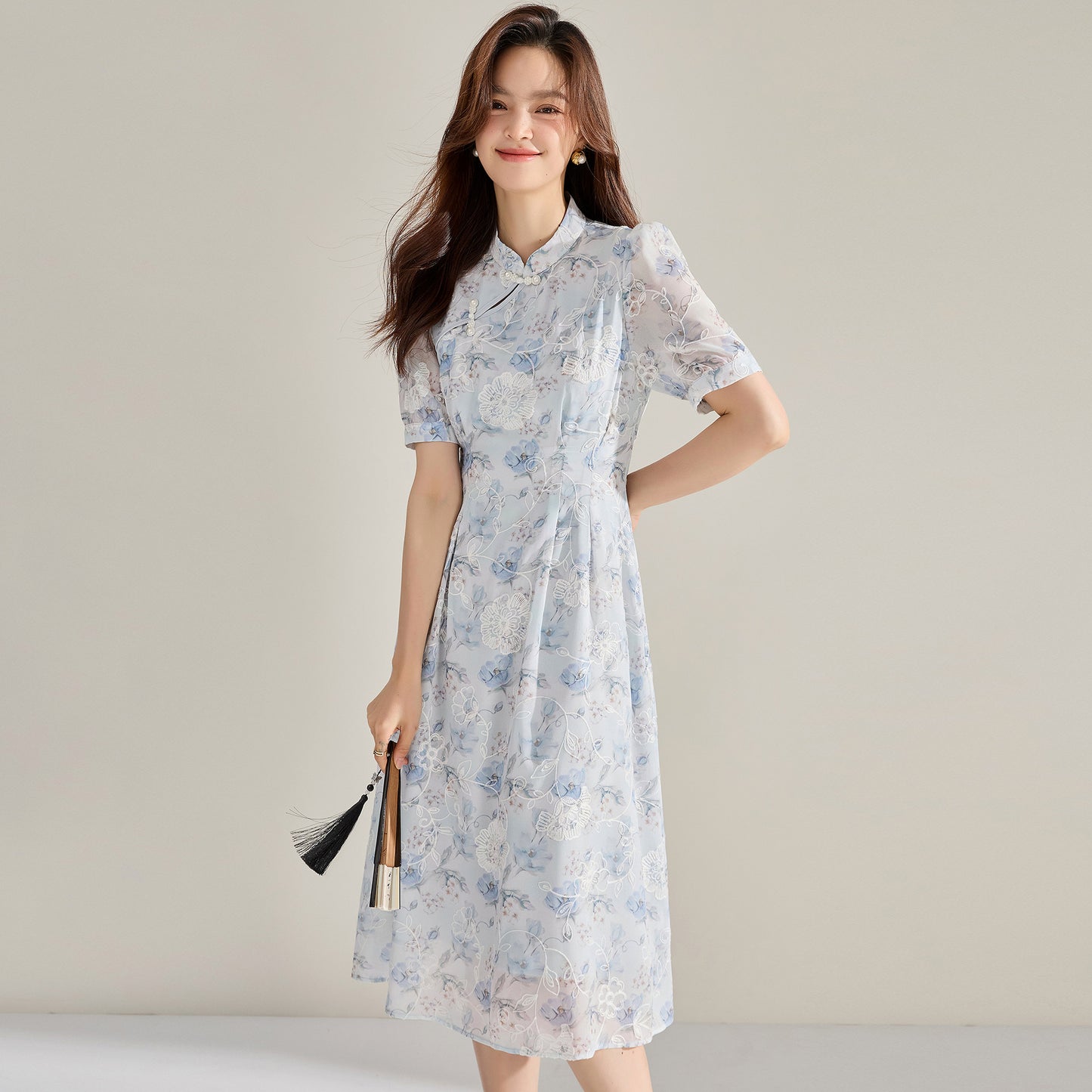 Heritage Charm Floral Qipao Midi Dress