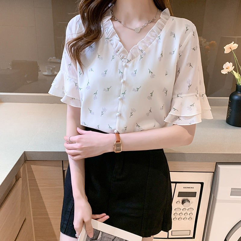 Women's Korean Style V-Neck Floral Retro Short Sleeve Chiffon Blouse