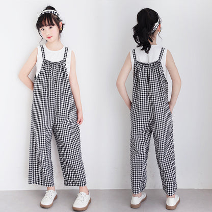 Girls' Casual Tank Top and Plaid Suspender Pants Two Pieces Set