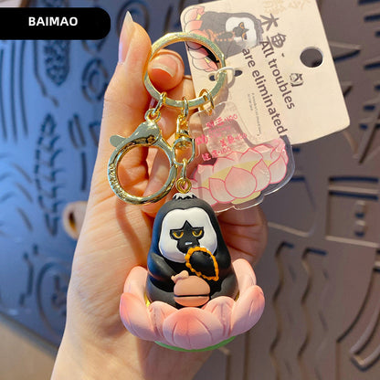 Buddha style Good Luck Lotus Lotus Series Wooden Fish Three Flower Cat Pig Pig Keychain Exquisite Resin Doll Keychain Ring