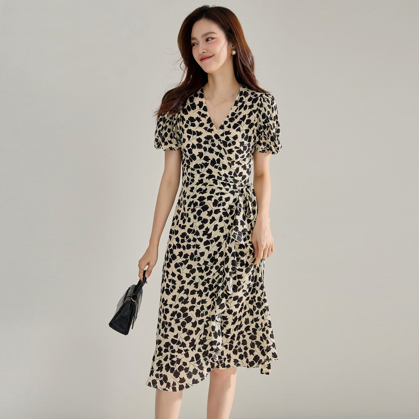 French Ginkgo Puff Sleeve Wrap Dress