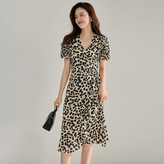 French Ginkgo Puff Sleeve Wrap Dress