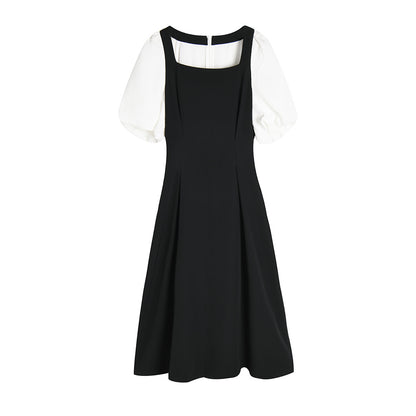 Elegance French Square Neck Puff Sleeve Black Dress