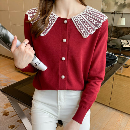 Chic Women's Long Sleeve Preppy Style Baby Collar Cardigan