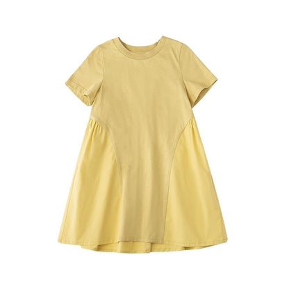 Patchwork Pleated Short Sleeve Girls' Casual T-shirt Dress