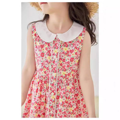 Korean Style Girls' Cotton Floral Sleeveless Princess Dress