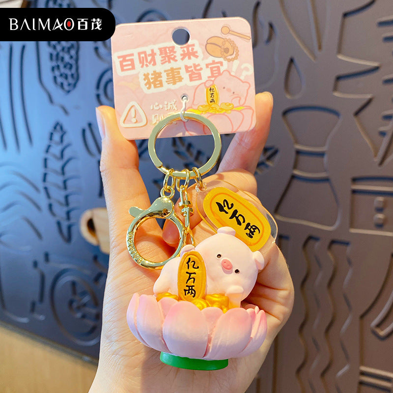 Buddha style pig keychain pendant creative merit+1 resin figurine exquisite backpack decoration for women and men