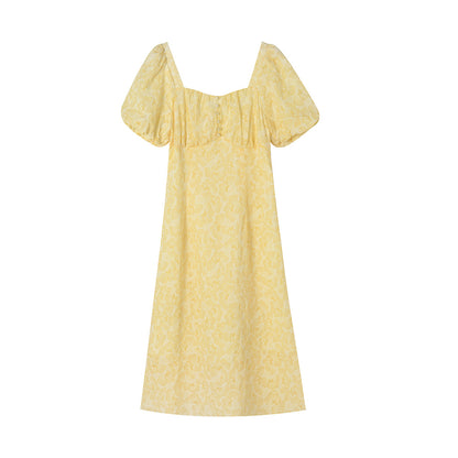 Elegant French Yellow Textured Square-Neck Floral Dress