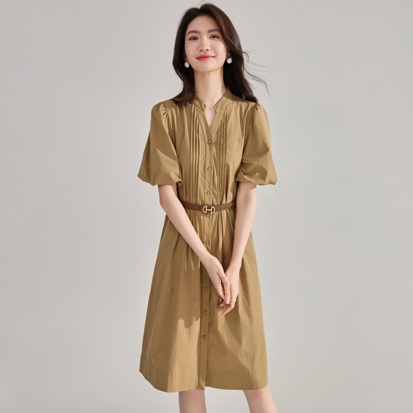 Chic Lantern Sleeve Cotton Blend Shirt Dress