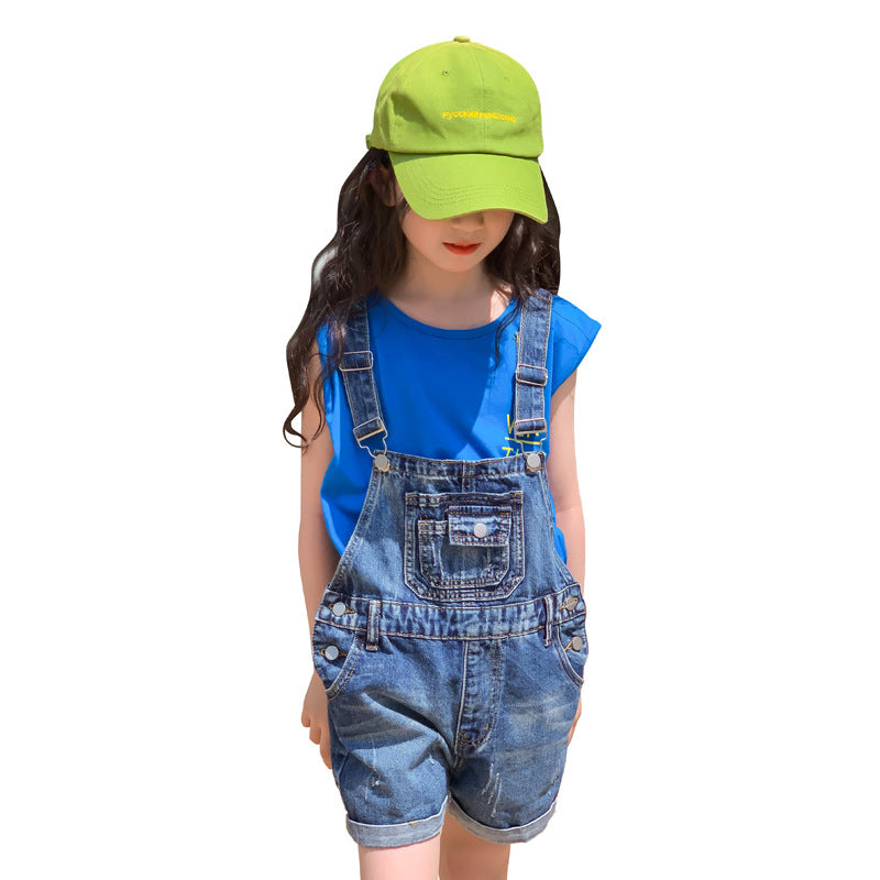 Girls' Korean Style Denim Suspenders Shorts + Printed Blue Tank Top Set