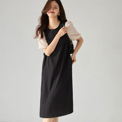 Elegant Black & Polka Dot Panel Straight Dress